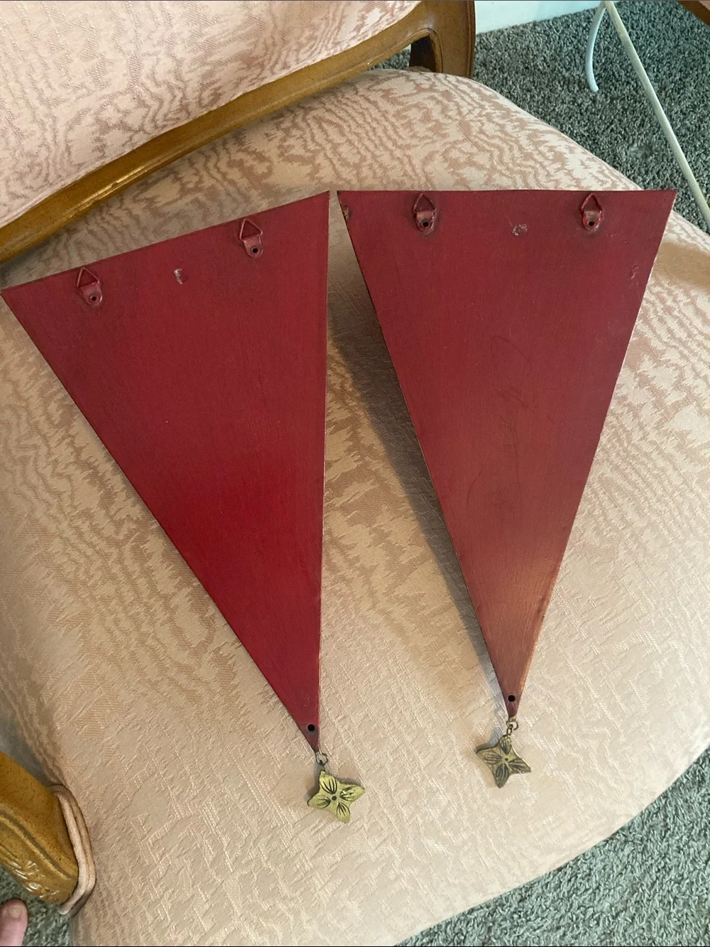 Pair of Metal Red Decorative Wall Shelves with Gold Accents